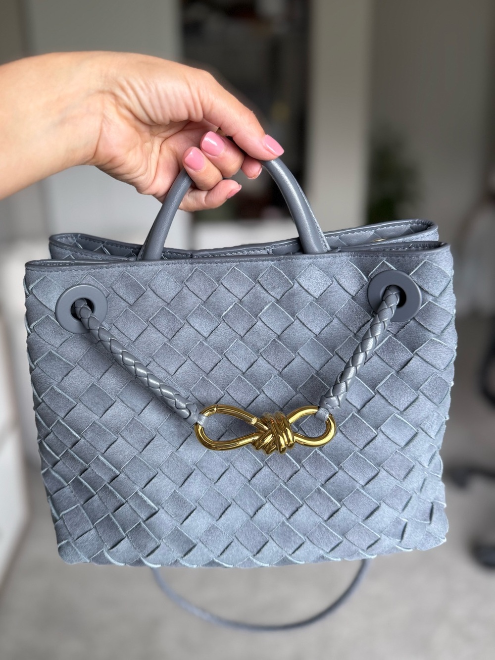 Bottega Veneta Andiamo Suede Crossbody in “Cloudy Indigo”